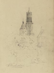 809962 Gezicht op de toren van de Buurkerk en de Domtoren te Utrecht uit het westen.